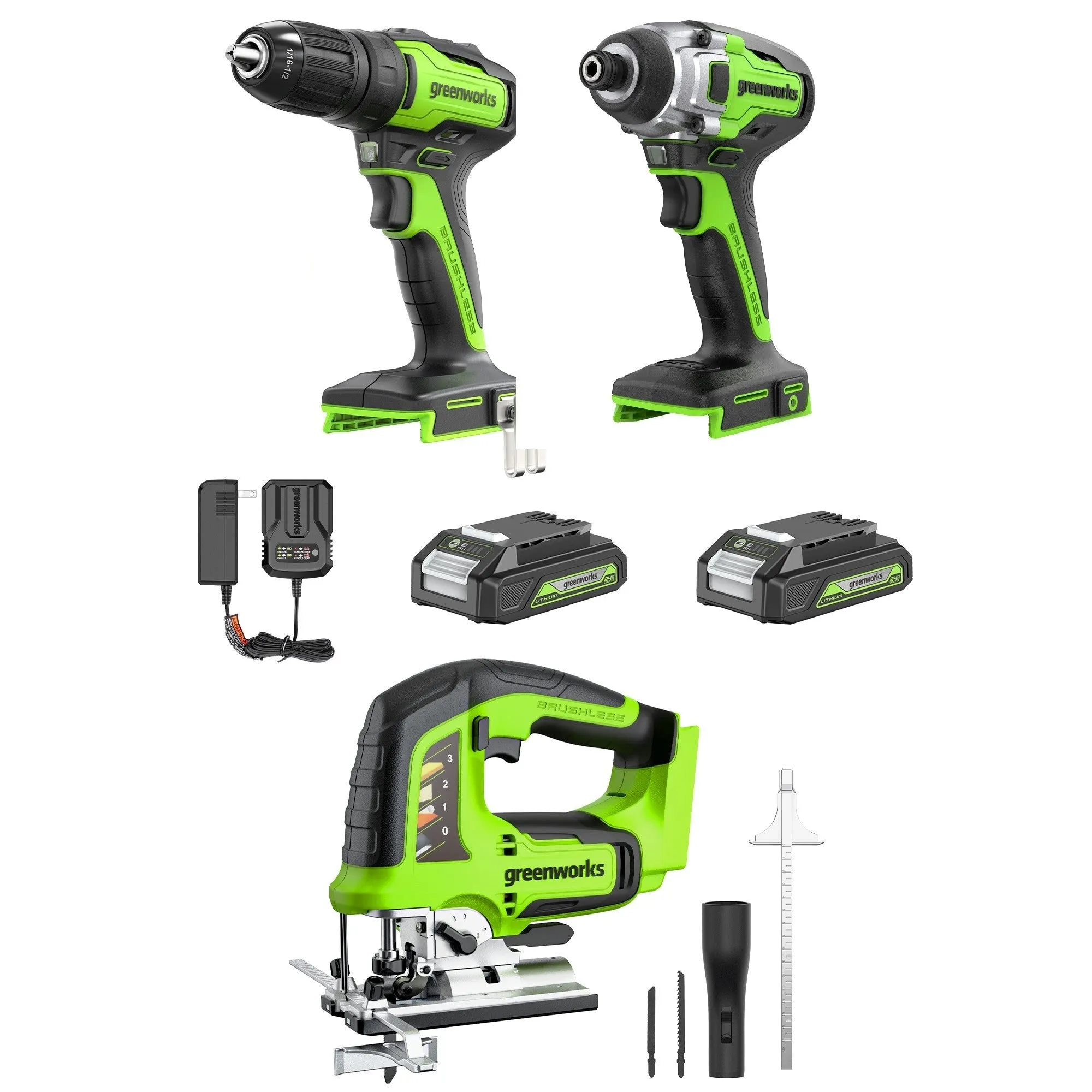 24V Cordless Battery Drill, Impact Driver & Jig Saw 3PC Combo Kit w/ (2) 2.0Ah Batteries & Charger