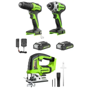 24V Cordless Battery Drill, Impact Driver & Jig Saw 3PC Combo Kit w/ (2) 2.0Ah Batteries & Charger