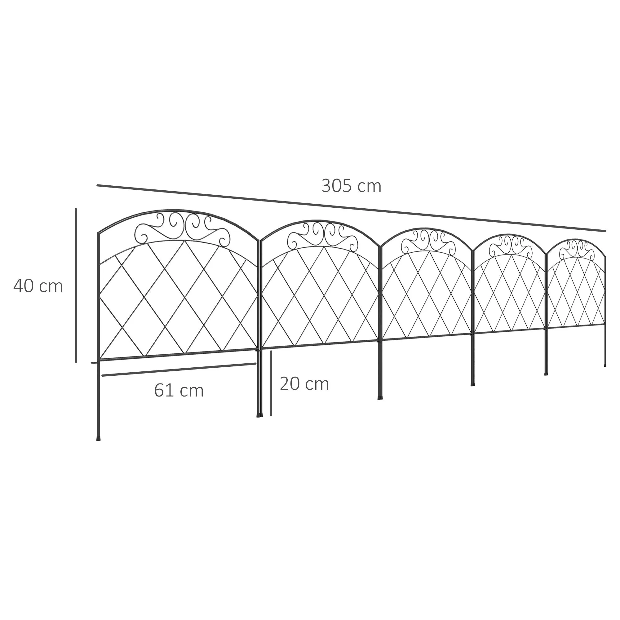 61 cm x 3 m Outdoor Picket Fence Panels with Panels, Swirls, Black