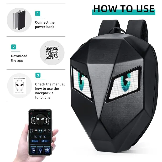Design one LED Motorcycle Backpack with Programmable & Full Color Screen, Waterproof Helmet Backpack for Men, Riding , Laptop 16 Inch (Black), Black2, X-Large, Motorcycle Backpack