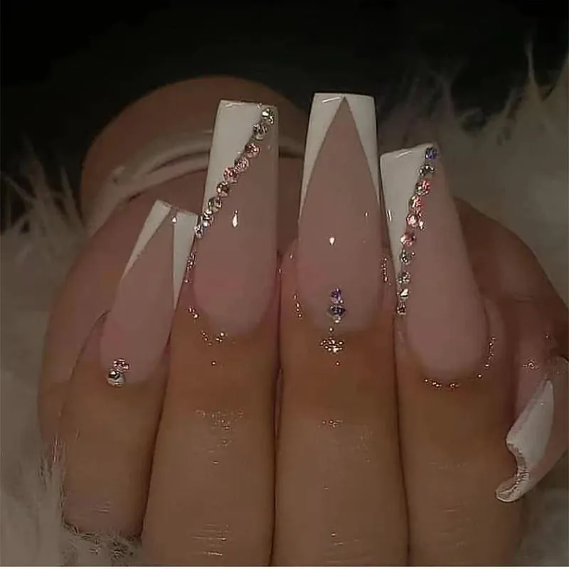 Long Ballet Spot Drill French Nail White V-Shaped French Nail Patch New European and American Color Printing Manicure