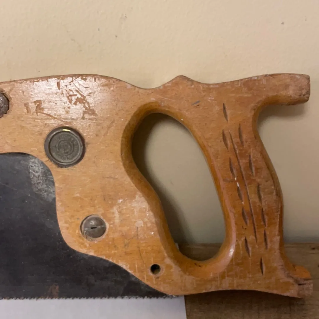 €<a* Vintage Henry Disston & Sons 29” Hand Saw Carved Wood Handle 26” Blade w/ Button Logo