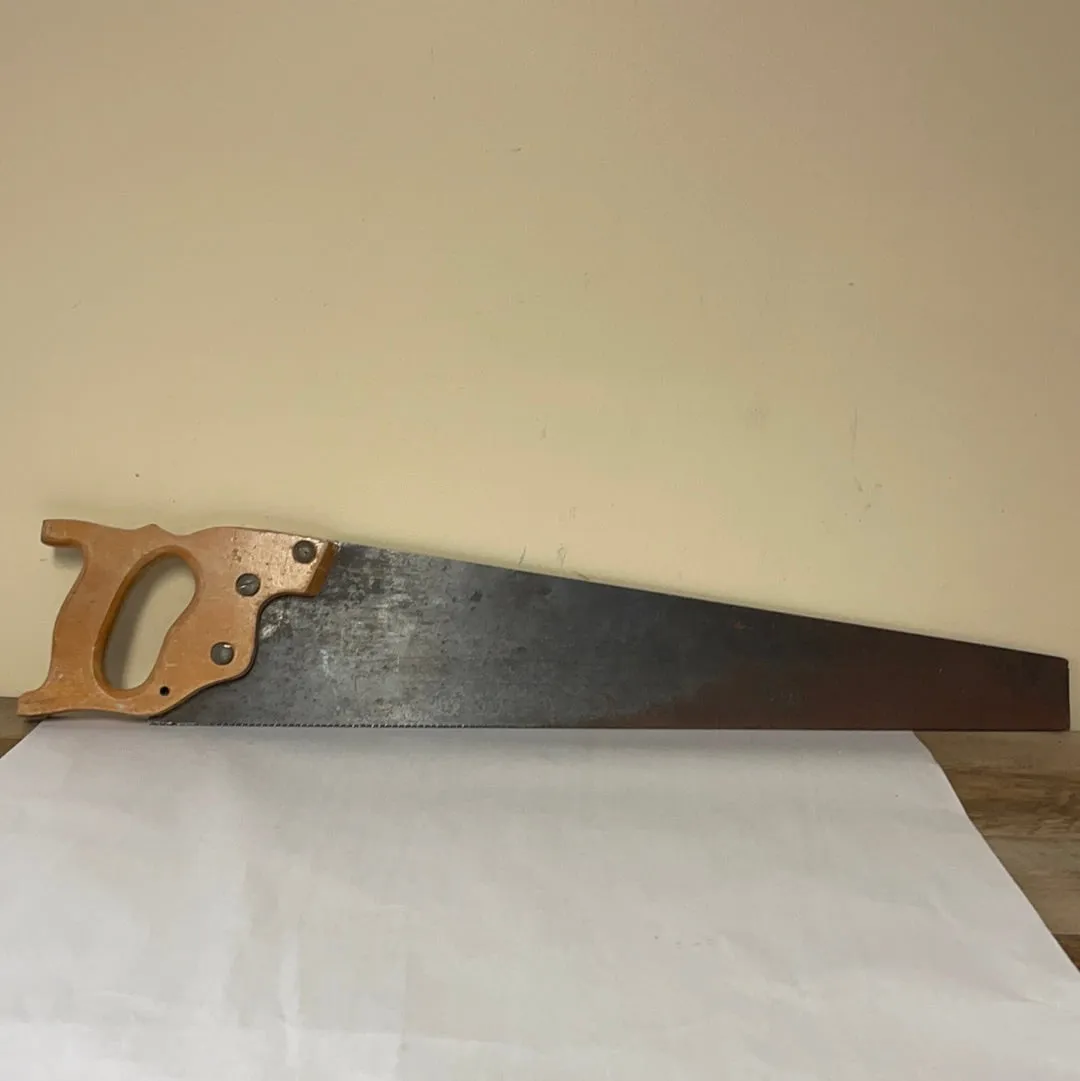 €<a* Vintage Henry Disston & Sons 29” Hand Saw Carved Wood Handle 26” Blade w/ Button Logo