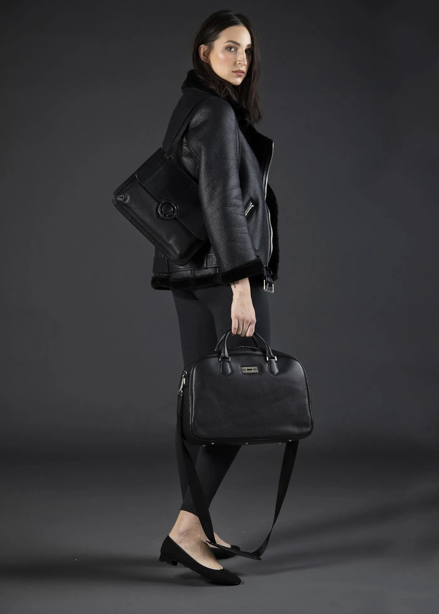 Newport Travel Satchel Bag - Black Leather Weekender