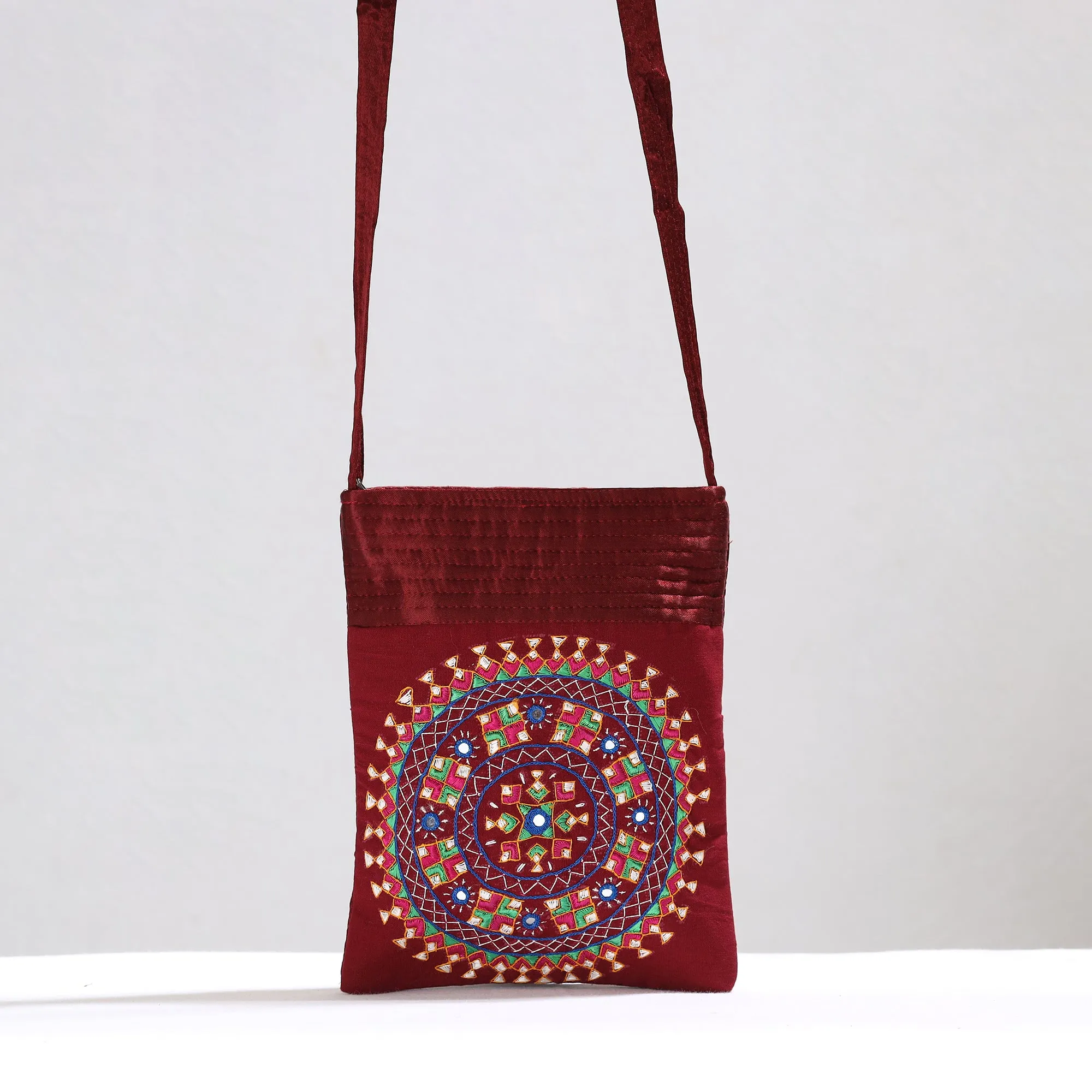 Red - Kutch Neran Hand Embroidery Mirror Work Mashru Silk Sling Bag 13