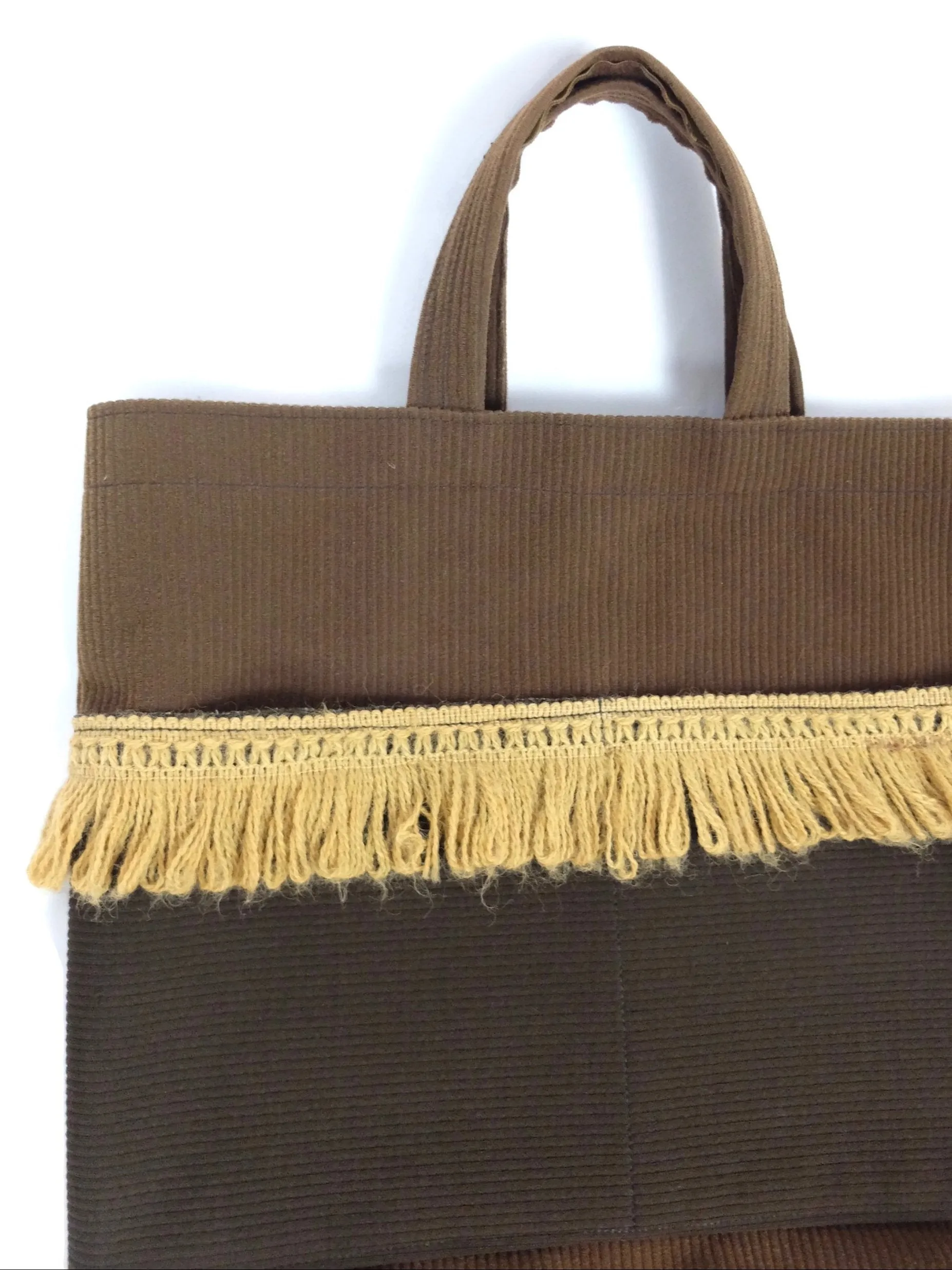 Vintage 70s Bohemian Hippie Fringed Brown Colourblock Top Handle Tote Bag Purse