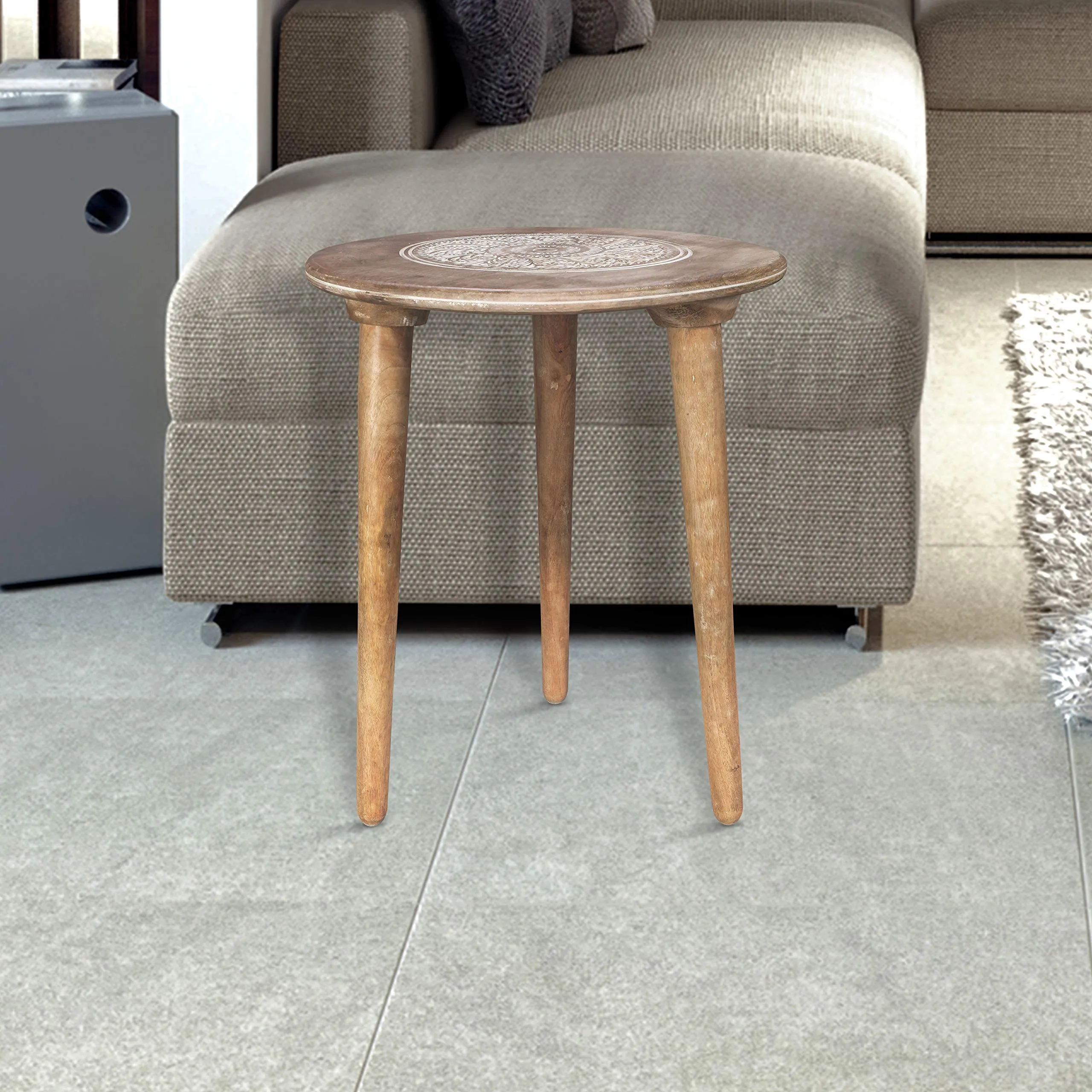 Wooden Table with 3 Legs Pillar, Coffee Table Wood, Modern Round Coffee Table, Side Table for Small Spaces, Entryway Table, Living Room Side Table for Magazines, Books, Plants-18x22 Inch White Wash