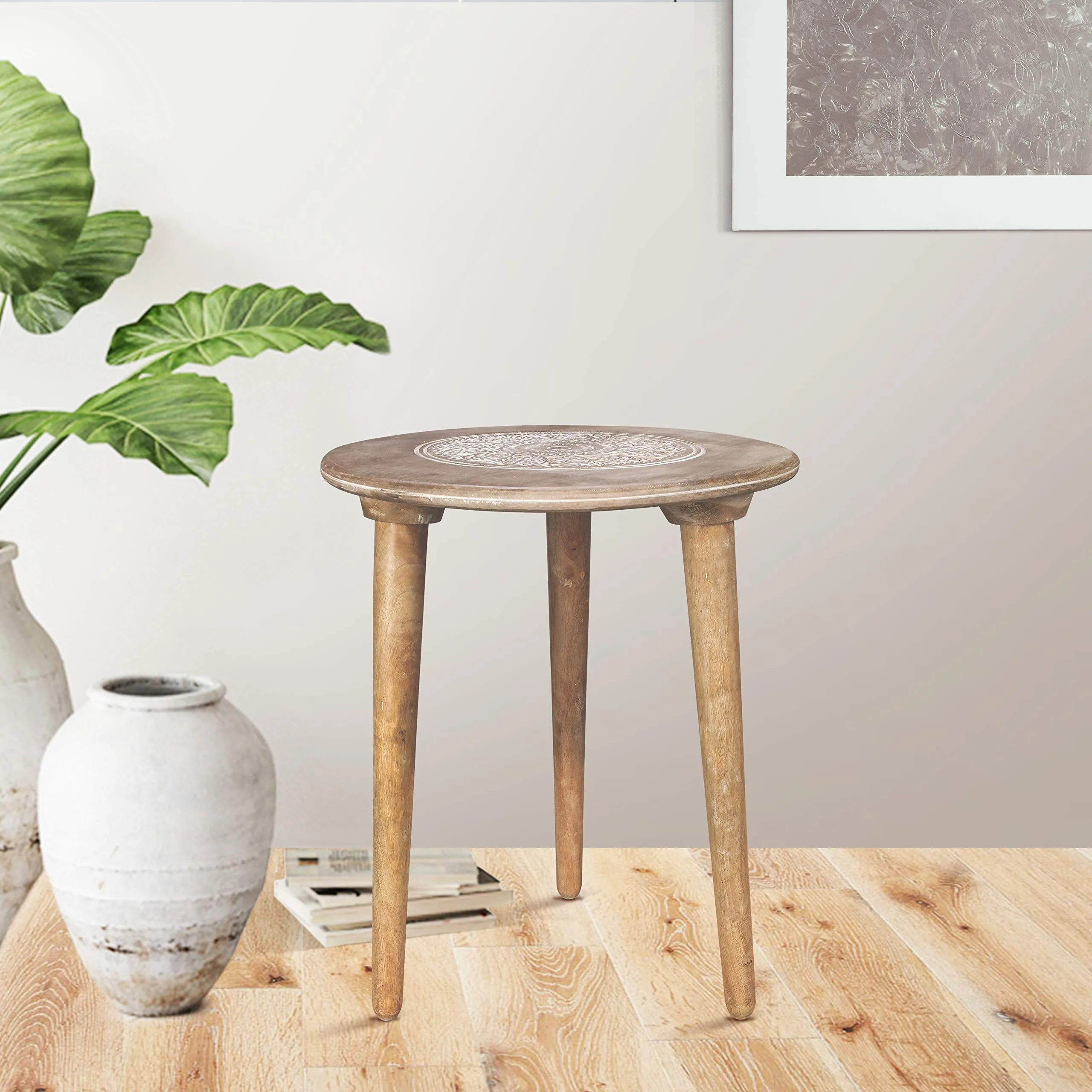 Wooden Table with 3 Legs Pillar, Coffee Table Wood, Modern Round Coffee Table, Side Table for Small Spaces, Entryway Table, Living Room Side Table for Magazines, Books, Plants-18x22 Inch White Wash